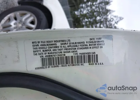 2001 Subaru Outback z USA, uszkodzony, nr VIN 4S3BH675717633738